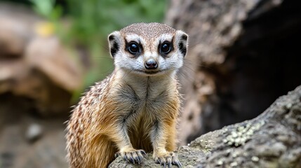 Fototapeta premium A meerkat, with a spotted coat and large ears, is perched on a rock in a naturalistic setting with green foliage in the background.