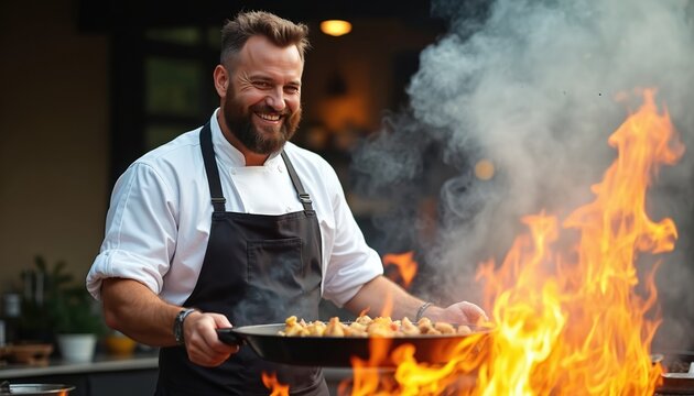 Smiling chef grilling food outdoors holding pan over open flame. Professional male chef enjoys cooking, meat preparation with expertise and skill over intense heat, smoke, and fire.