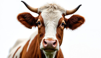 Close-up of brown, white cow against clean white background. Farm animal mammal features distinctive markings, large horns, soft fur. Gentle eyes, pink nose prominent, making ideal for illustrating