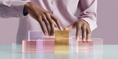 Modern Professional Hands Interacting with Futuristic Holographic Building Model for Premium Architectural Innovation and Creative Digital Design Marketing