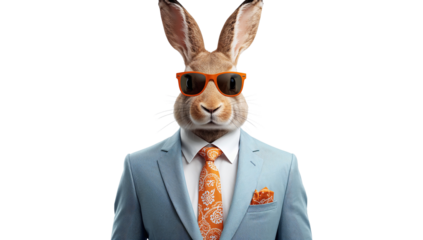 Stylish hare in business suit and sunglasses against a solid black backdrop