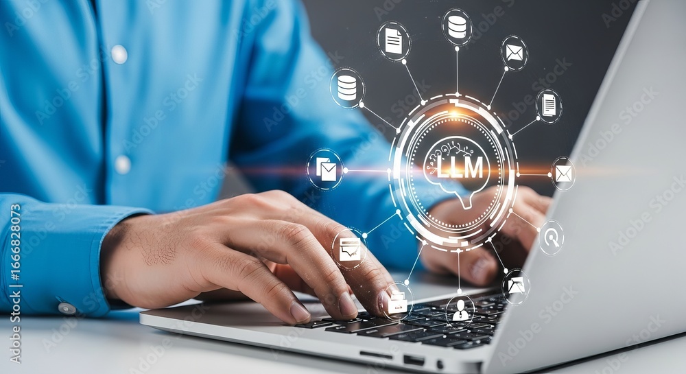 Poster person typing on a laptop with a glowing llm hub and network connections, symbolizing large language