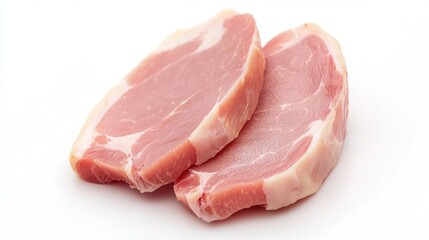 Two raw pork chops, one pink and one white, placed side by side against a white background. The pork chops are raw and have a slight sheen