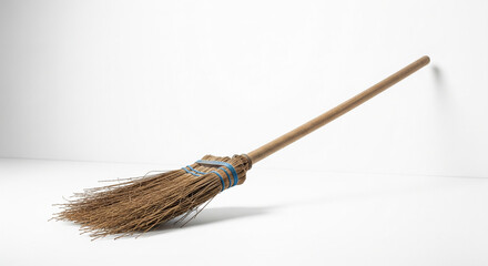 A classic wooden broom, with its natural bristles, leans artfully against a clean white wall, symbolizing the enduring simplicity and effectiveness of household cleaning tasks