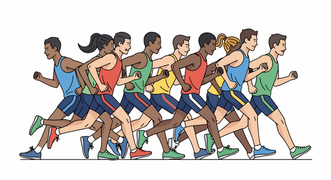 Diverse Runners in a Race - Teamwork and Competition.