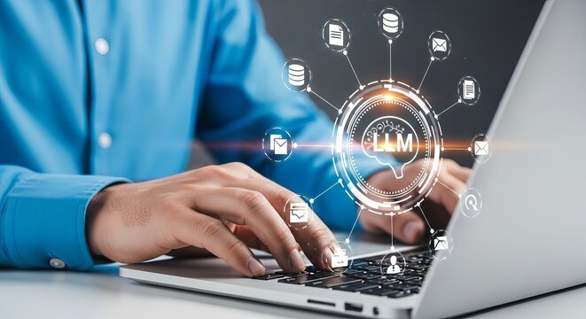 Person typing on a laptop with a glowing llm hub and network connections, symbolizing large language models and ai technology - Powered by Adobe