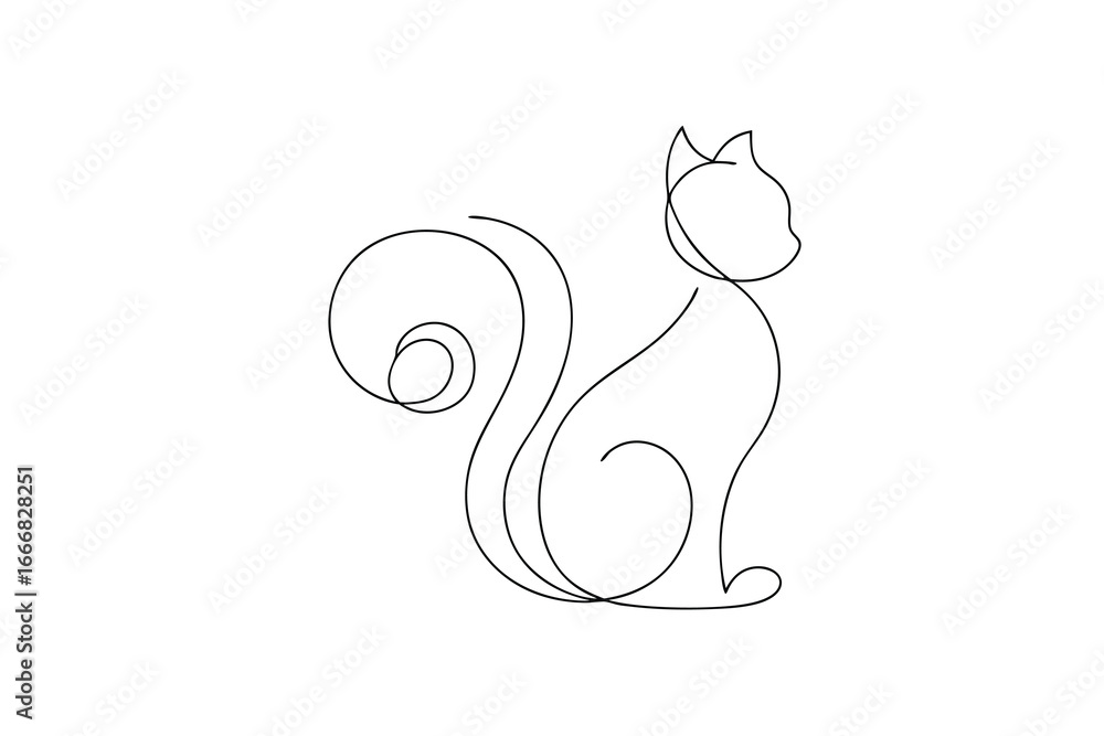 Poster single line drawing a sitting cat with a curled tail continous line vector
