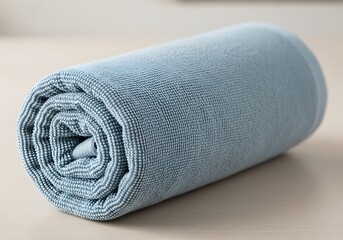 Close-up of rolled light blue textured towel showing the delicate weave and spiral pattern creating a calming visual