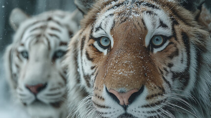 Close up a bengal and snow tiger is behind.