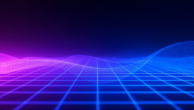 Abstract digital grid wave in purple and blue, futuristic technology background.