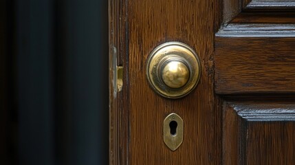A wooden door with a brass doorknob and a keyhole, set against a dark background with a hint of a window in the background.