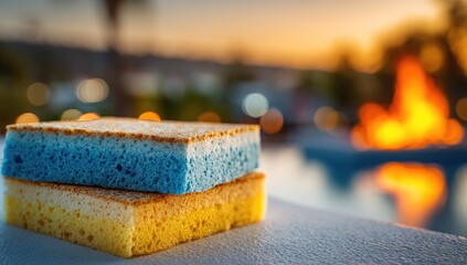 Two cleaning sponges, blue and yellow, stacked on a surface outdoors.  Blurred background shows a pool and a fire