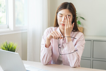 Eye problem concept, fatigue asian young woman tired eyes, irritated rubbing eye dry relief vision...