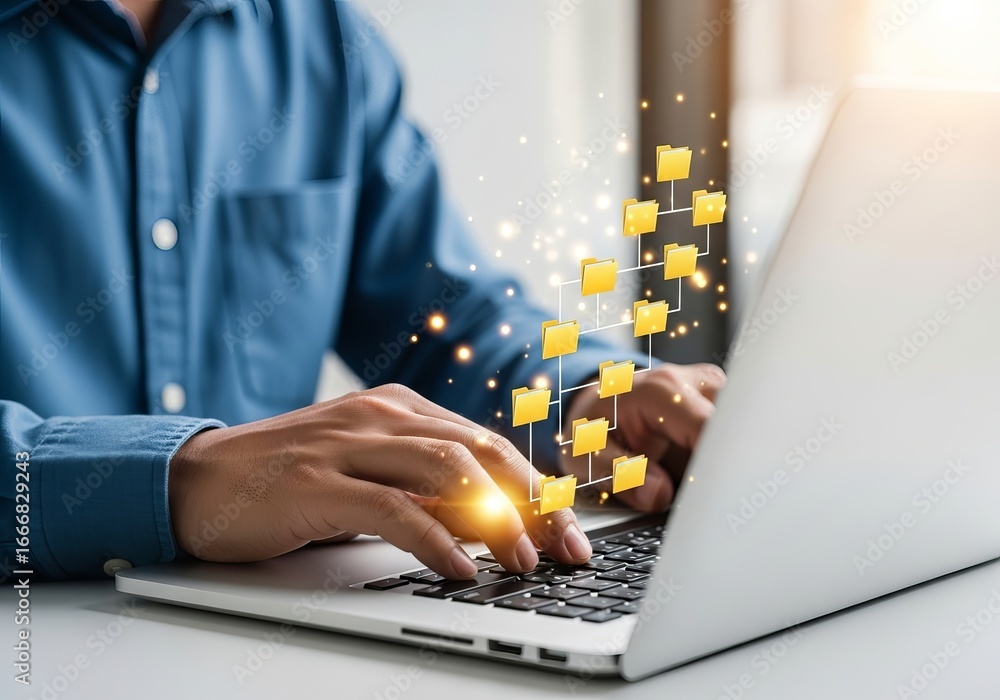 Poster closeup of a person using a laptop with digital file and folder icons, symbolizing data management a