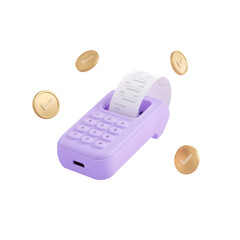 Purple payment terminal with gold coins isolated on transparent background