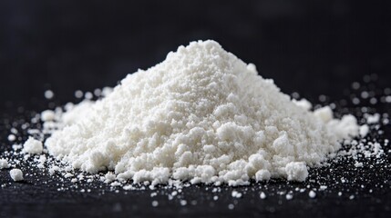 A pile of white powder on a dark surface, with a blurred background.
