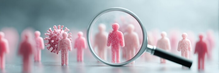 Professional healthcare magnifying glass highlighting patient icons with virus overlay, premium focused clinical trial recruitment for medical marketing campaigns
