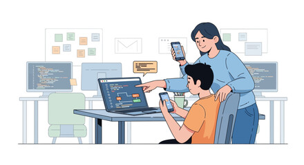 Development team working, code collaboration and mobile application synchronization