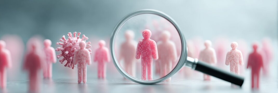 Professional healthcare magnifying glass highlighting patient icons with virus overlay, premium focused clinical trial recruitment for medical marketing campaigns