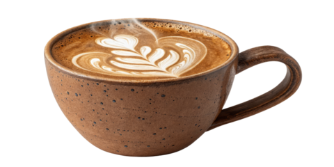 Latte Art Coffee Mug, Isolated on Transparent Background, Steaming Coffee Drink, Brown Ceramic Mug, Coffee, Beverage, Latte