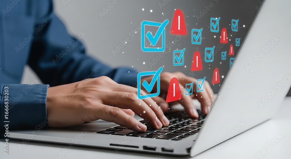 Poster person typing on a laptop with digital checkmarks and warning signs floating above the keyboard, sym