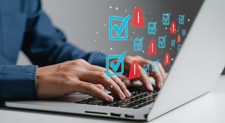 Person typing on a laptop with digital checkmarks and warning signs floating above the keyboard, symbolizing task completion and potential issues