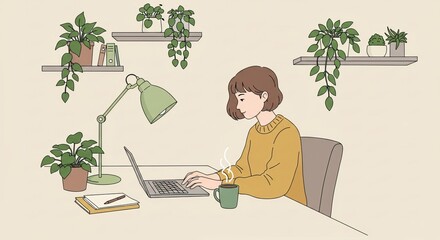 A woman working on a laptop at a desk with plants and a lamp in a room