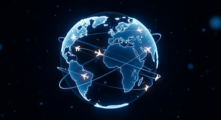 Global air travel concept with planes flying around the world blue glow