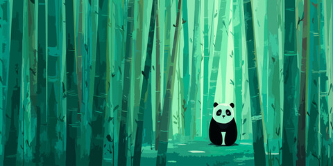 A lonely, stylized panda sits illuminated by a single light beam in a dense green bamboo forest.