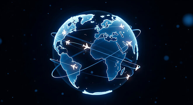 Global air travel concept with planes flying around the world blue glow