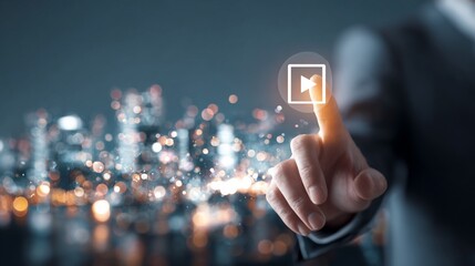 Businessman's hand activates video play button over blurred city