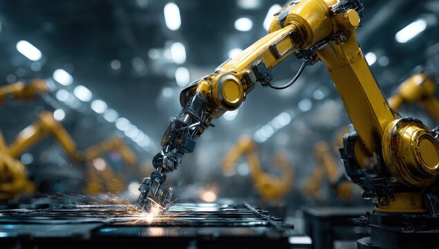 Automated manufacturing process with robots.  Yellow robotic arm welding metal