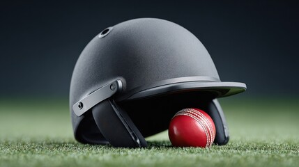 Professional High-Quality Cricket Helmet and Ball on Green Grass with Stadium Lights for Modern Sports Marketing and Social Media Campaigns