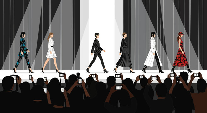 Captivating fashion show scene with diverse models strutting the catwalk