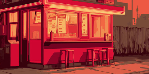 Stylized graphic illustration of a red urban food kiosk with an empty counter and stools.