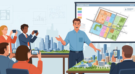 Architectural presentation showcasing city zoning regulations and urban planning