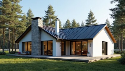 Modern single-story L-shaped home with white exterior, dark metal roof, and stone chimney. Features spacious patio, large windows, and manicured lawn surrounded by pine trees. Ideal for luxury living.