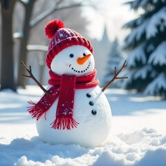 Obraz premium Adorable snowman with a bright red scarf, built in a snowy field, gentle snowfall around, serene and festive winter environment.