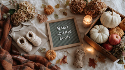 Autumn baby announcement cozy home flat lay seasonal decor