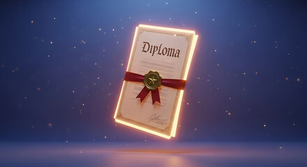 Glowing Diploma with Red Ribbon and Gold Seal on Blue Background
