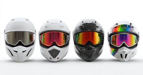 Four motorsports helmets, various colors, with mirrored goggles