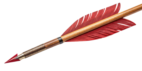 Red Arrow with Wooden Shaft and Feathers Isolated on Transparent Background, Archery, Hunting, Projectile, Arrow, Archery, Weapon