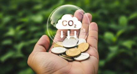 Hand holding coins with co2 cloud and arrows inside a bubble on green leaves