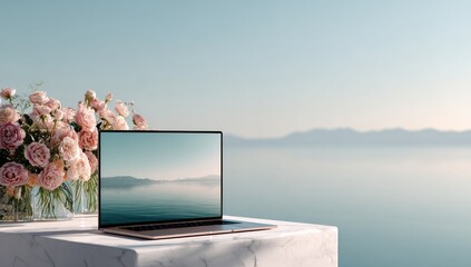 Laptop on marble platform, roses and ocean view