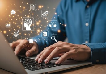 Person using a laptop with artificial intelligence and data network icons floating above the keyboard, representing technology and innovation