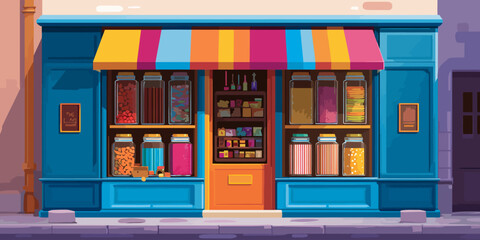 Vibrant illustrated storefront with a colorful striped awning and jars of goods in the window.