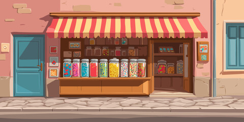 Charming old-fashioned candy shop facade with a striped awning and colorful jars of sweets.