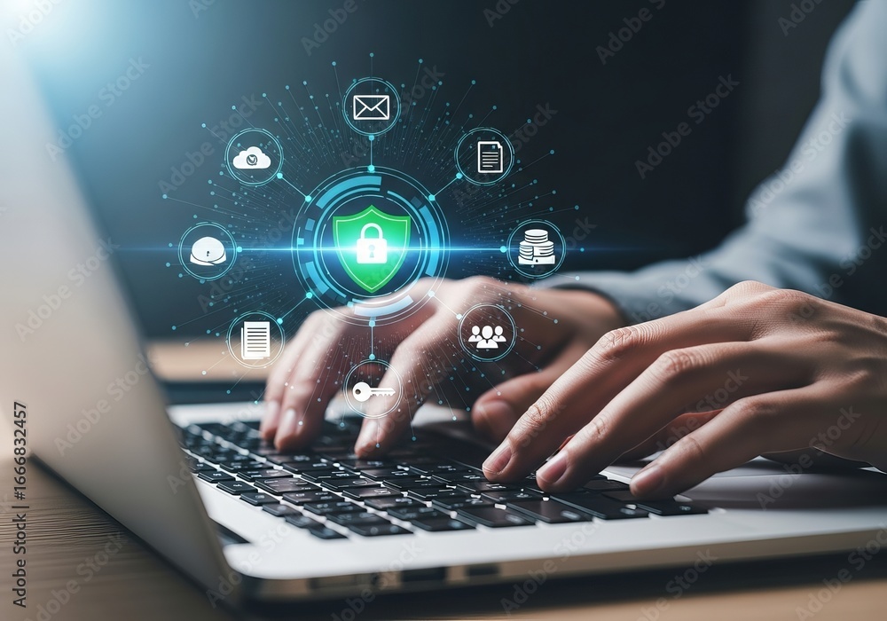 Poster closeup of hands typing on a laptop with a glowing shield icon and network of security symbols, symb