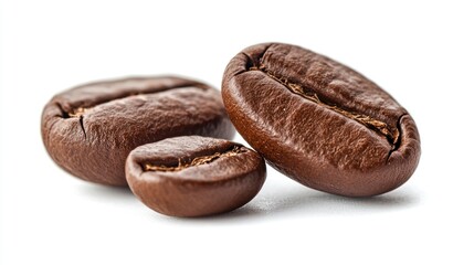 Obraz premium Three coffee beans on a white background, with a focus on the texture and color variations.