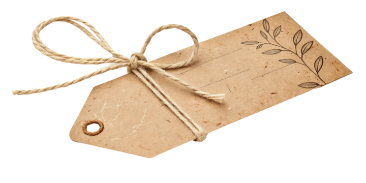 Rustic Gift Tag with Twine Bow, Isolated on Transparent Background, Brown Kraft Paper, Botanical Design, Gift tag, kraft paper, twine